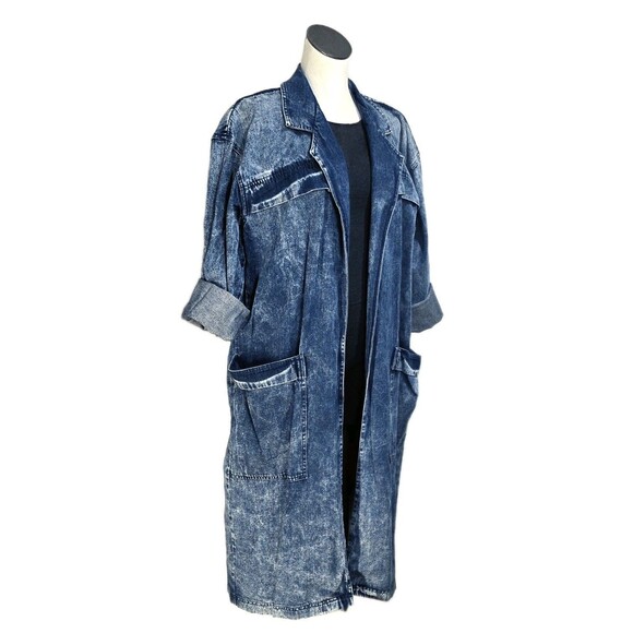 Matti O! Vintage 80s Acid Wash Denim Trench Coat Open Front Duster Women's Sz 16 - Picture 2 of 14
